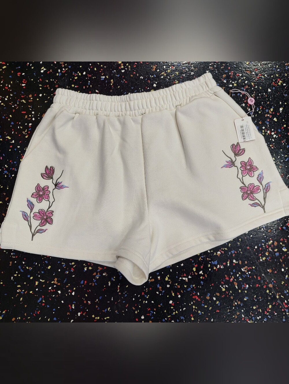 Simply Southern Cream Athletic Shorts with Pink & Purple Floral Embroidery